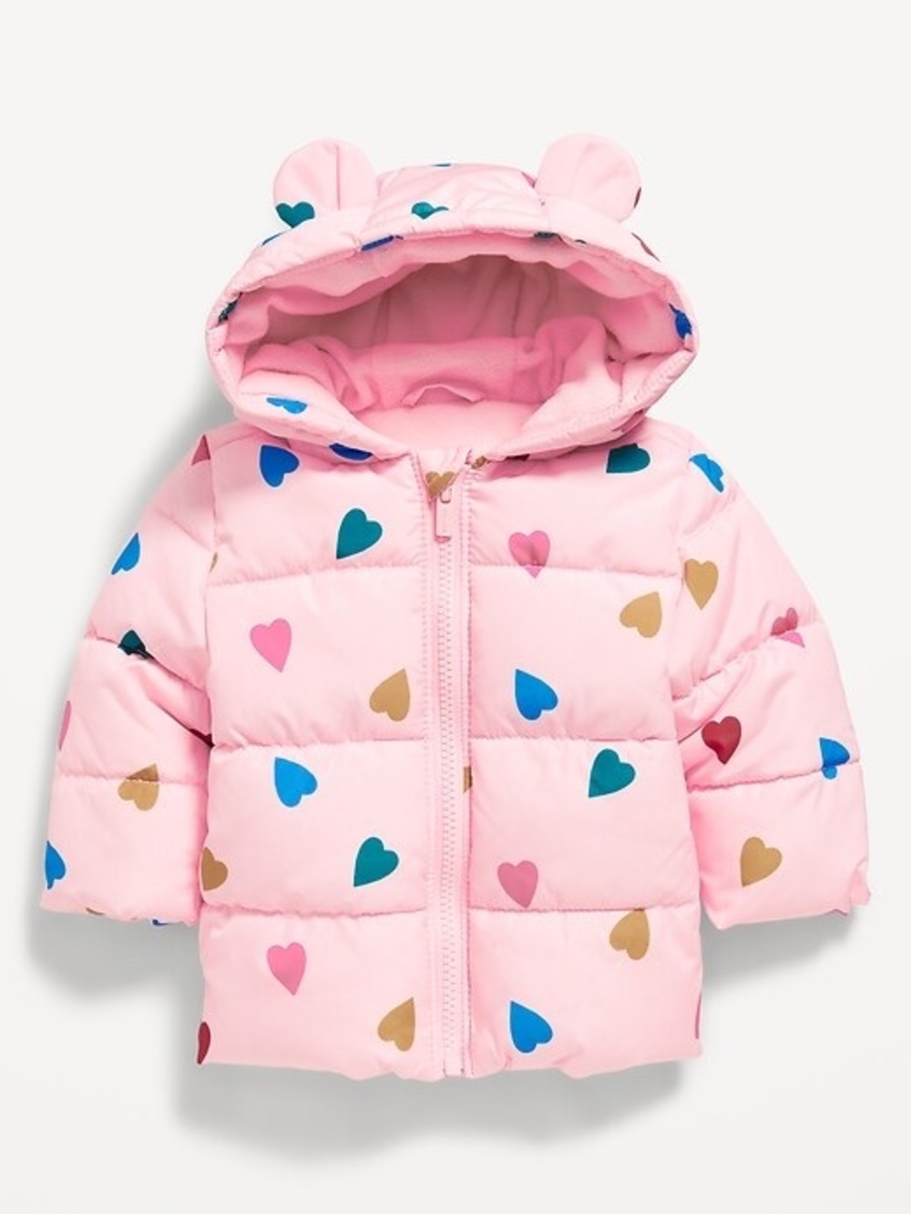 Old Navy Pink Puffer Jacket with Multicolor Heart Print